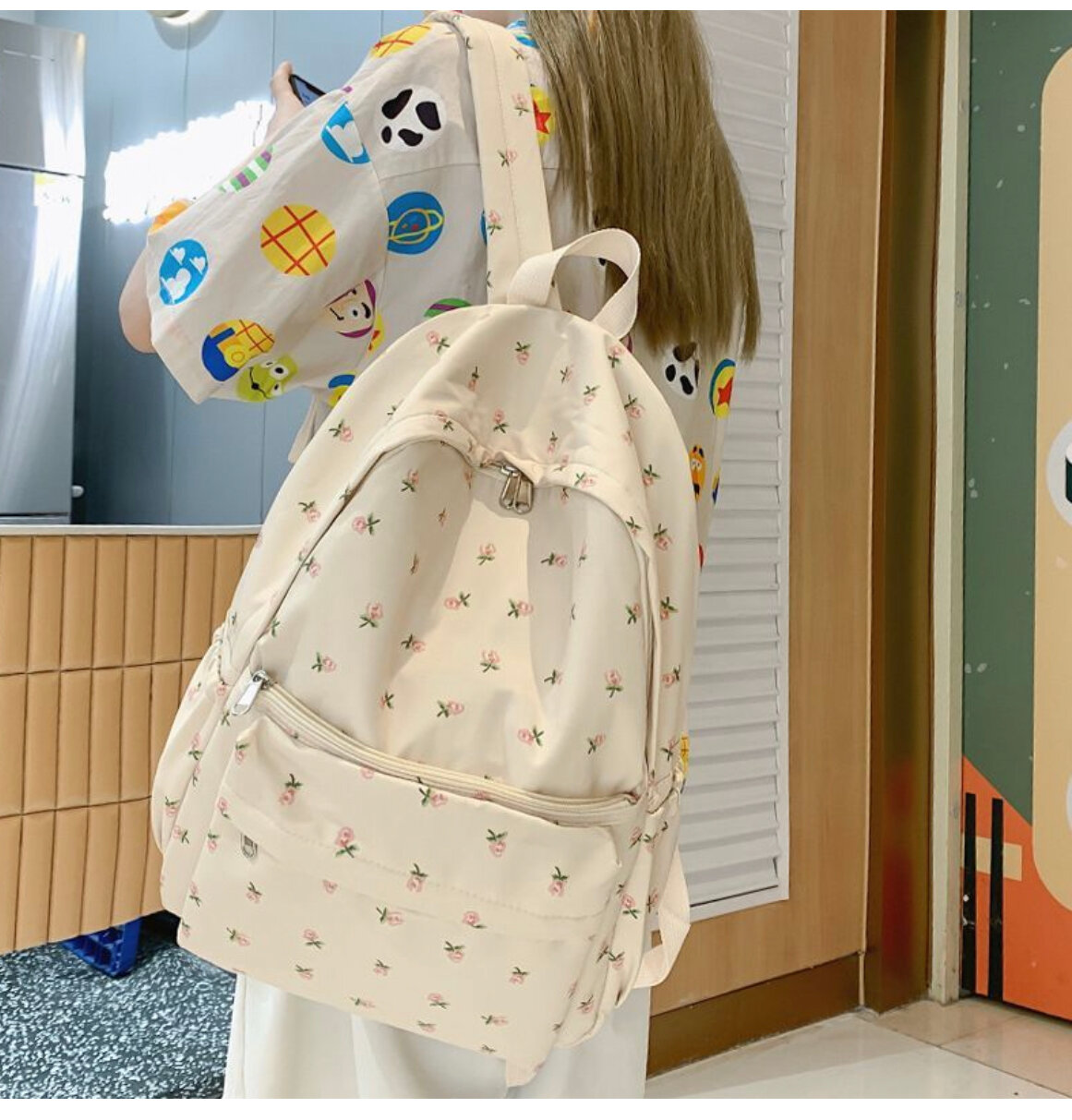 Рюкзак женский для девочки белого цвета, ранец в школу цветочный принт, вместительный рюкзак