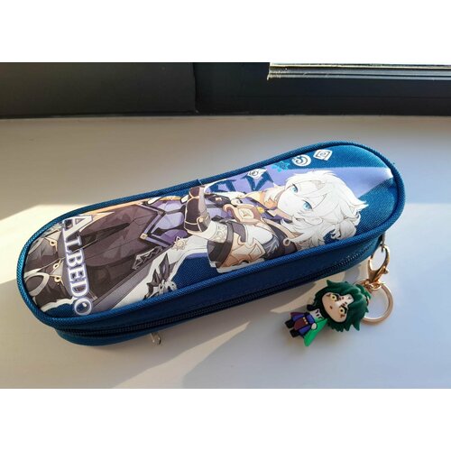 Пенал Геншин Импакт (и брелок в подарок) с рисунком Genshin Impact, темно-синий морской