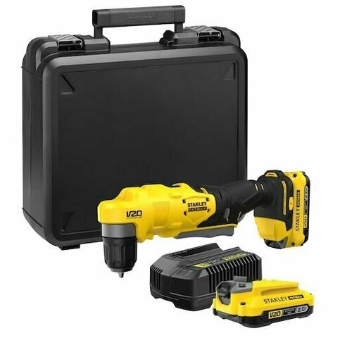 дрель stanley sdh700 Аккумуляторная угловая дрель-шуруповерт STANLEY FATMAX V20, 18 В, 45 Нм, 1950 об/мин, c 2 АКБ 2 Ач и ЗУ, в кейсе, SFMCD750D2K