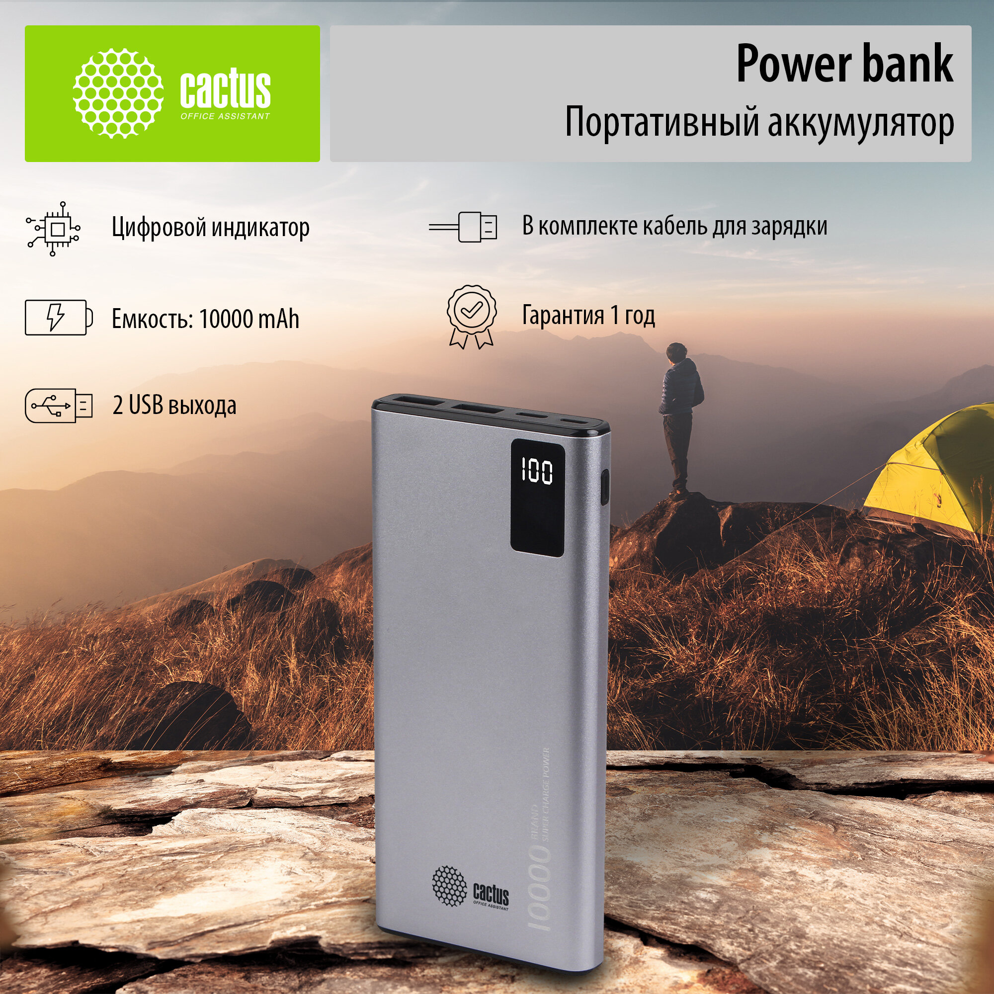 Мобильный аккумулятор Cactus CS-PBFSLT-10000 10000mAh 3A 2xUSB серый