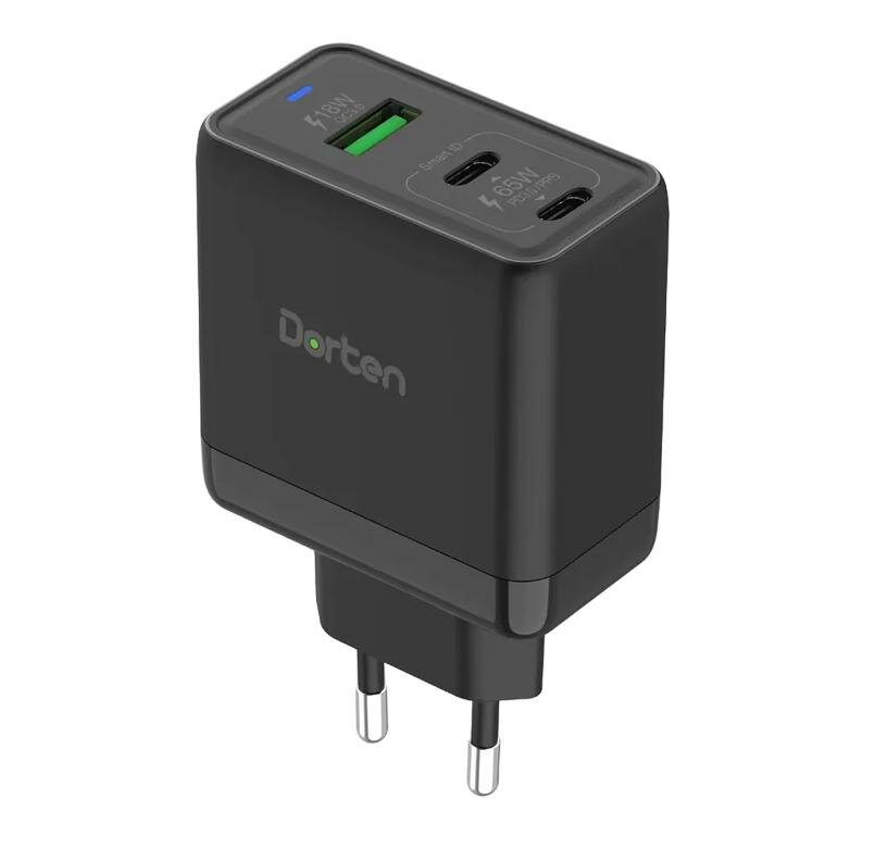 Сетевое зарядное устройство Dorten 3-Port USB Smart ID 65W GaN Power Adapter PD3.0/PPS+QC3.0 Black