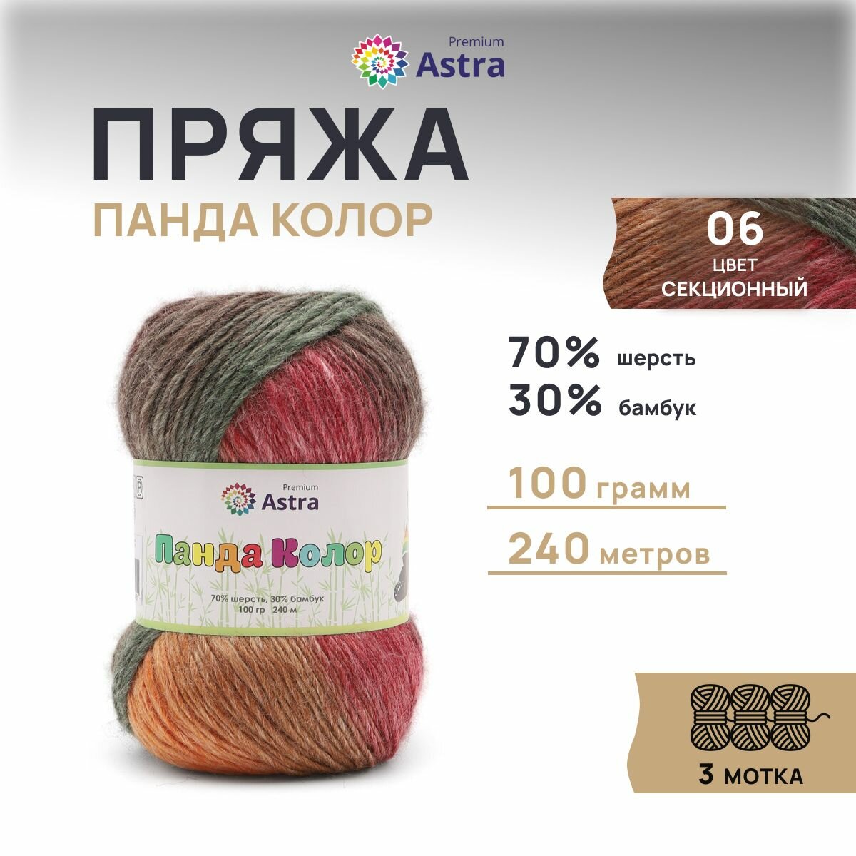 Пряжа для вязания Astra Premium 'Панда Колор' (Panda Color) 100г, 240м (70% шерсть, 30% бамбук) (06 секционный), 3 мотка