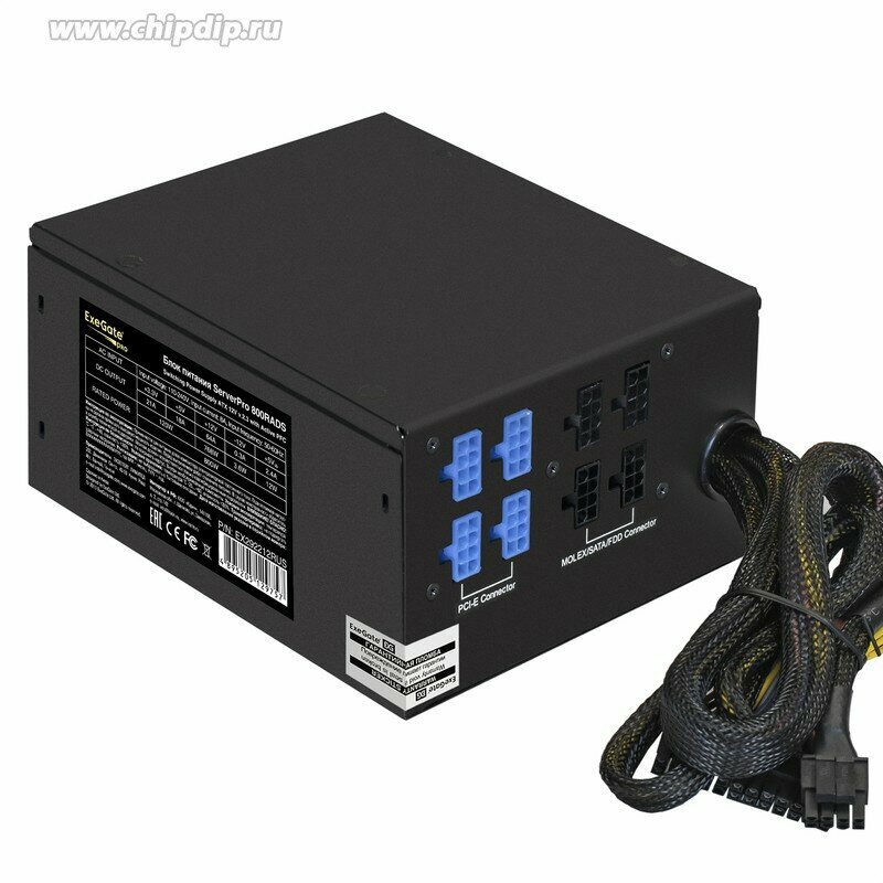 Серверный БП 800W ExeGate EX292212RUS ServerPRO-800RADS (ATX, for 3U+ cases, APFC, КПД 80% (80 PLUS), 14cm fan, 24pin, 2(4+4)pin, PCIe, 5xSA