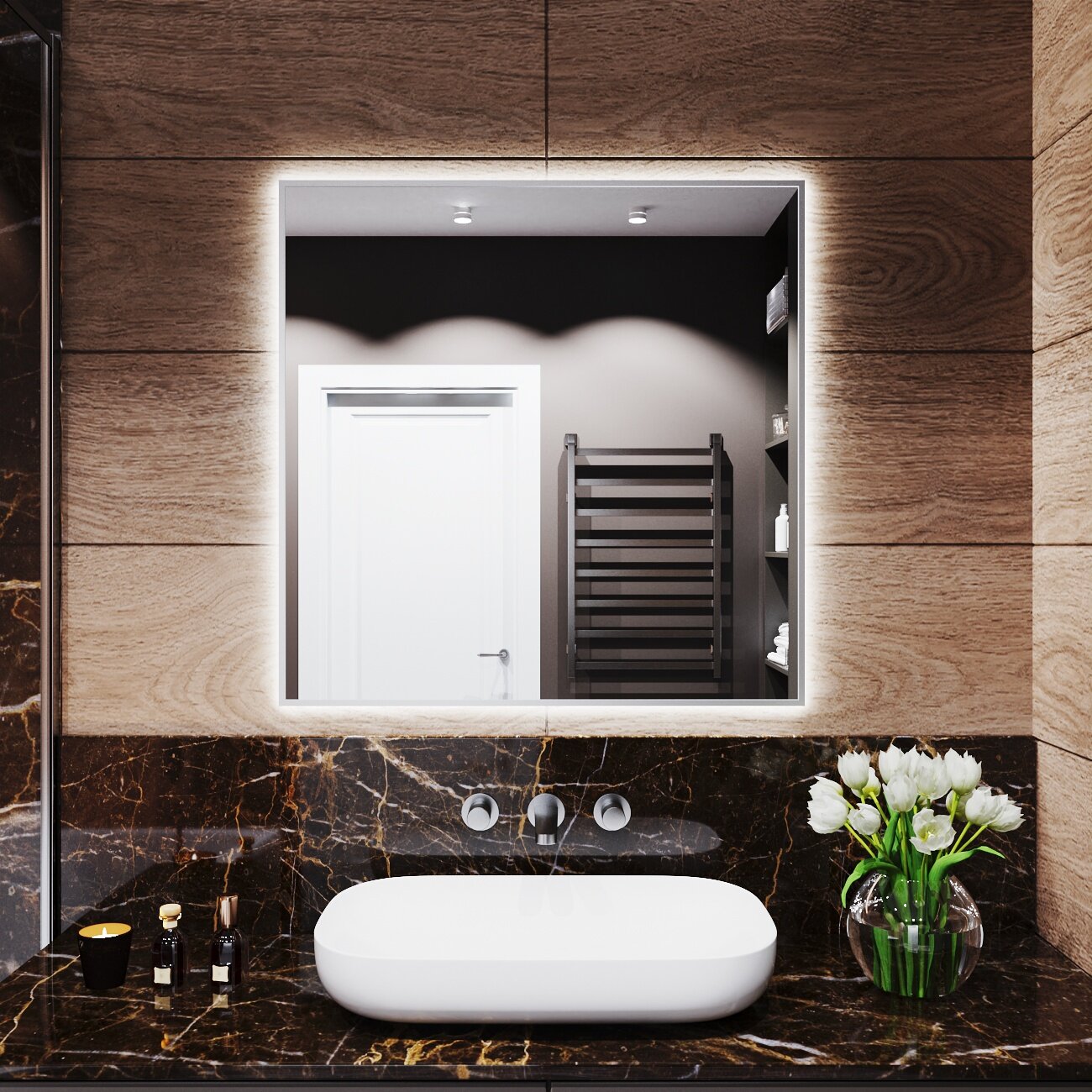 Зеркало с подсветкой в алюминиевой раме настенное Market-house 80х80 см. Свет: Нейтральный Белый 6000К. Серебро