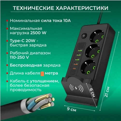 Беспроводной удлинитель с 3 розетками и 4 USB-портами 1167₽