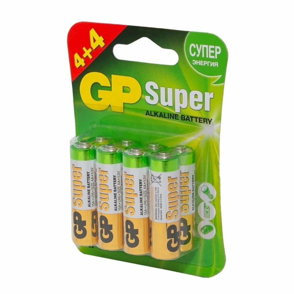 Батарейка GP, АА (LR6, 15A), Alkaline Super, щелочная, 1.5 В, блистер, 8 шт, 15A4/4-2CR8, 17027 — фото 1