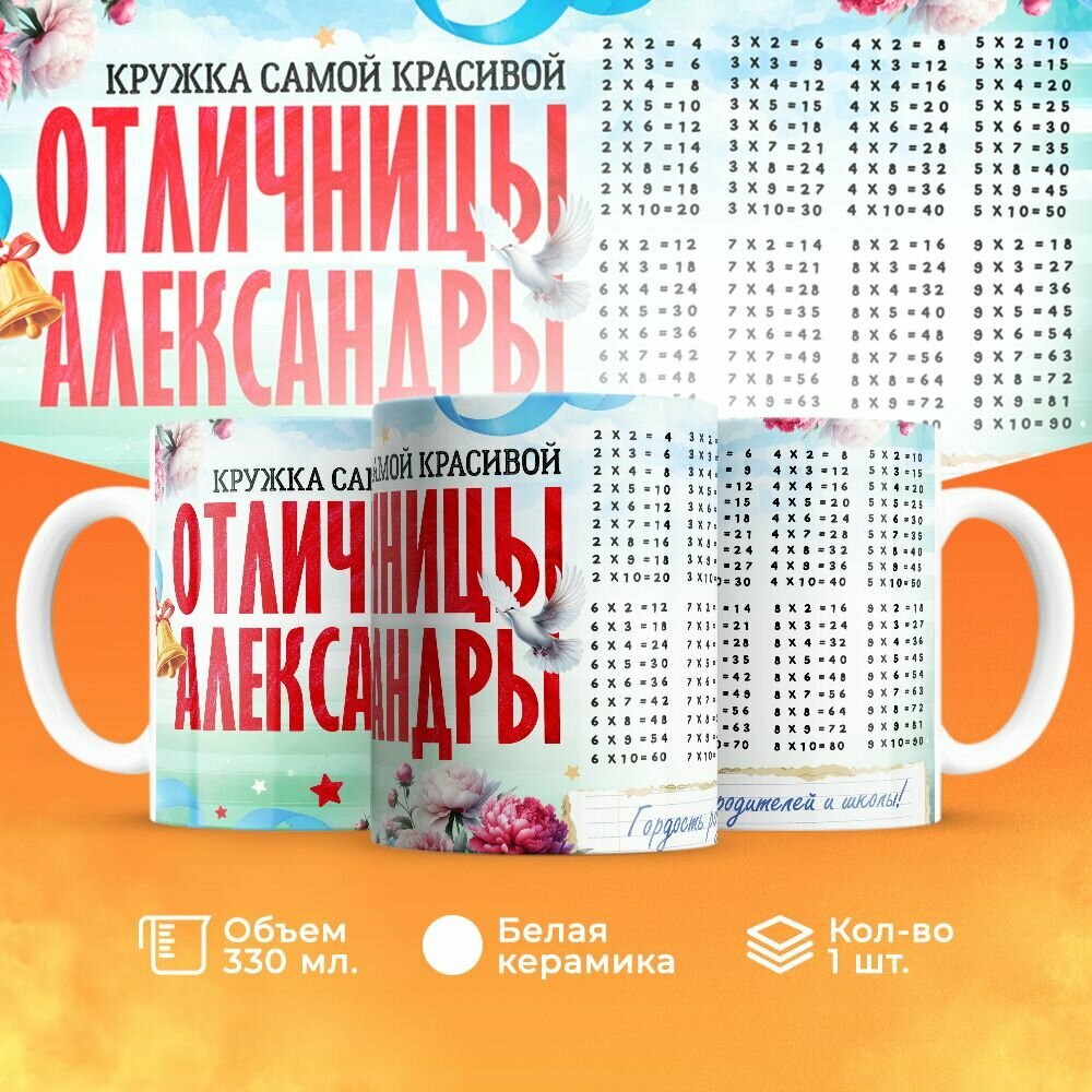 Кружка, "Самой красивой отличницы Александры", на день рождения дочки, в подарок для девочки, внучки с таблицей умножения 330 мл