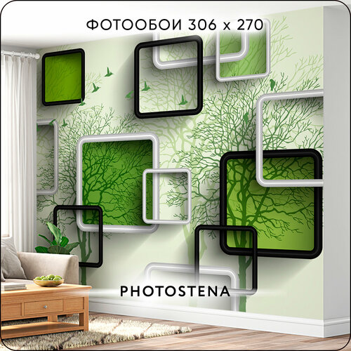 фото Фотообои 3d на стену флизелиновые встык photostena салатовые квадраты на фоне деревьев и птиц 3,06 x 2,7 м 8,26 м2