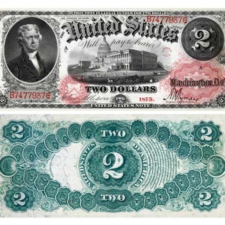 США 2 доллара 1875 казначейский билет, сувенирная копия, банкноты и купюры редкие коллекционные