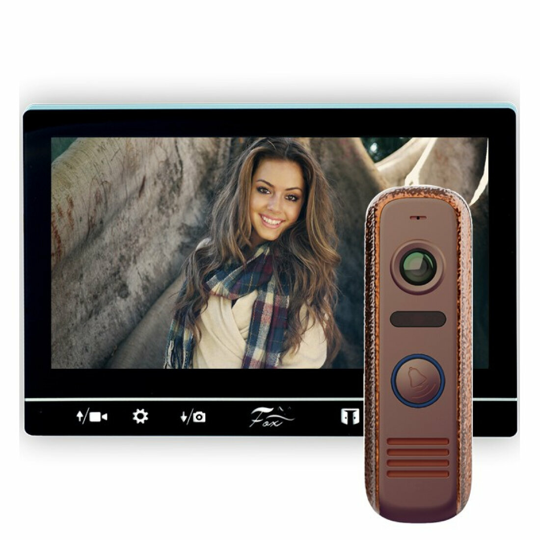 Комплект Wi-Fi домофона FOX FX-HVD70U-KIT черный (цветной видеодомофон FX-HVD7U (ТУЯ 7) черный и вызывная панель FX-CP40C медь)