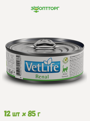 Изображение товара Влажный корм Vet Life Cat Renal консервы для кошек при заболевании почек Курица, 85 г х 12 шт.
