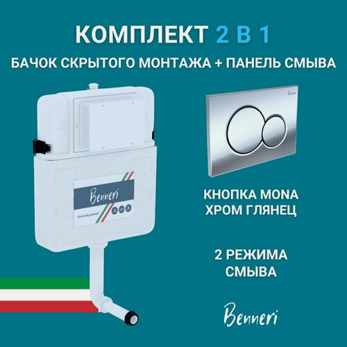 Изображение товара Смывной бачок, скрытый монтаж Benneri панель смыва c хромированными круглыми клавишами Mona