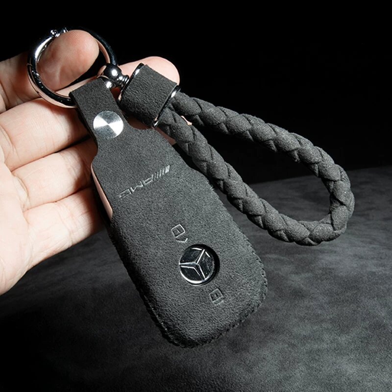 Кейс для ключа Mercedes-Benz AMG 2-кнопочный с кожей Alcantara, угольно-серый, плетеный ремешок подвески, ручная вышивка