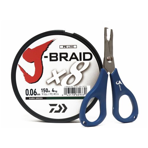 фото Леска плетеная и ножницы (набор) j-braid x8e-w/sc 0.06-135m-зеленый daiwa