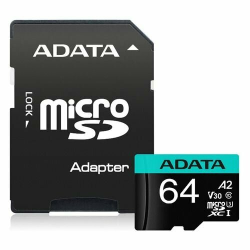 Карта памяти microSDXC UHS-I U3 A-Data Premier Pro 64 ГБ, 100 МБ/с, Class 10, AUSDX64GUI3V30SA2-RA1, 1 шт, переходник SD карта памяти sandisk microsdxc 256 гб class 10 a1 uhs class 1 r 100 мб с адаптер на sd 1 шт