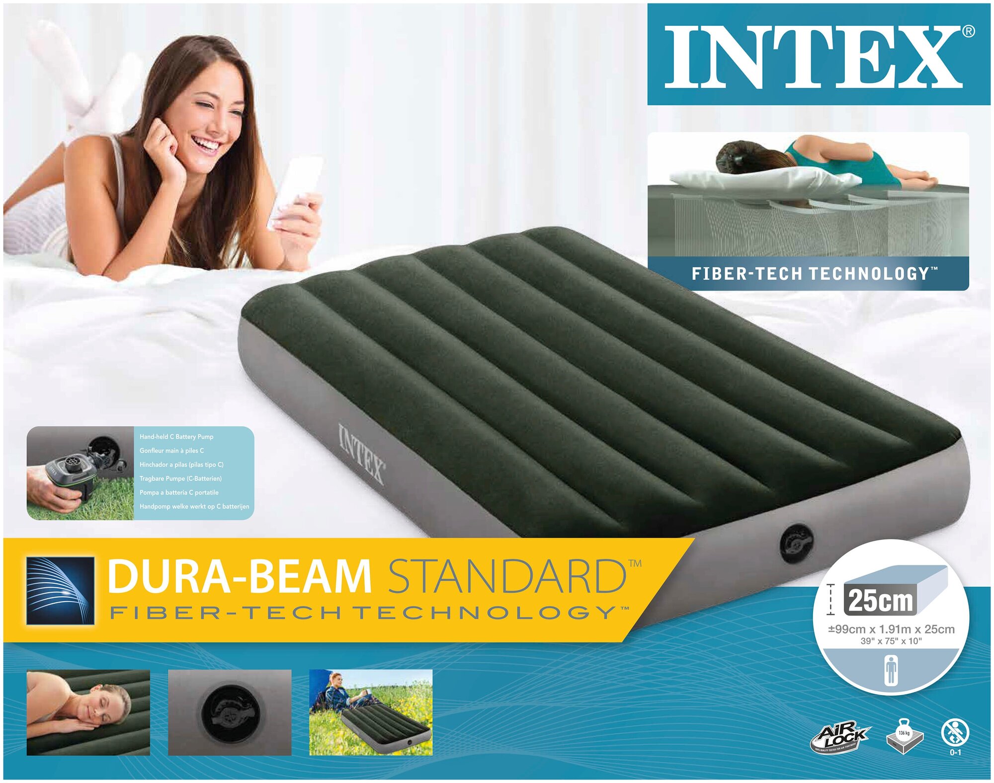 Кровать надувная INTEX 64777 DURA-BEAM STANDARD PRESTIGE DOWNY, насос на аккумуляторах, 99x191x25 см - фотография № 2