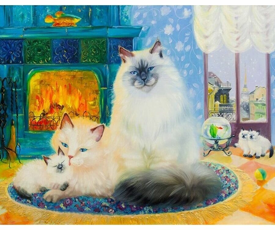 Алмазная мозаика на подрамнике 40x50 Семья котов дома