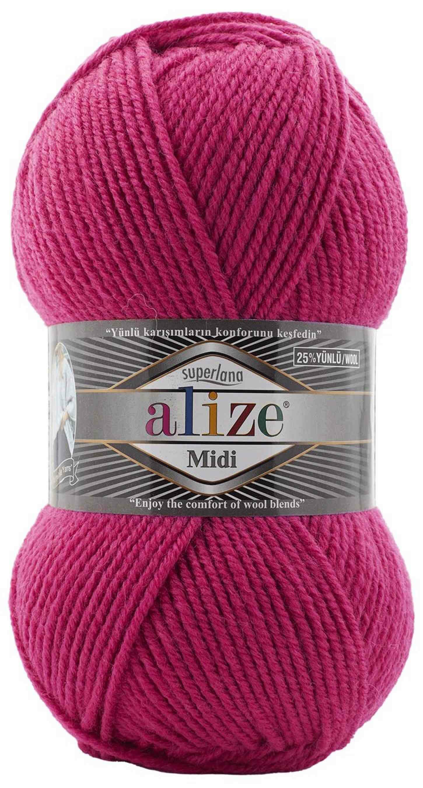 Пряжа Alize Superlana Midi темная фуксия (798), 25%шерсть/75%акрил, 170м, 100г, 3шт