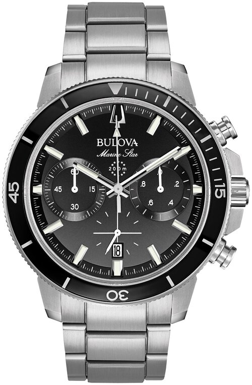 Наручные часы BULOVA мужские 96B272 кварцевые, хронограф, секундомер, водонепроницаемые, подсветка стрелок, поворотный безель, серебряный