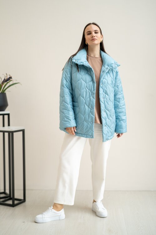 куртка  Modress демисезонная, средней длины, силуэт свободный, карманы, размер 56, голубой