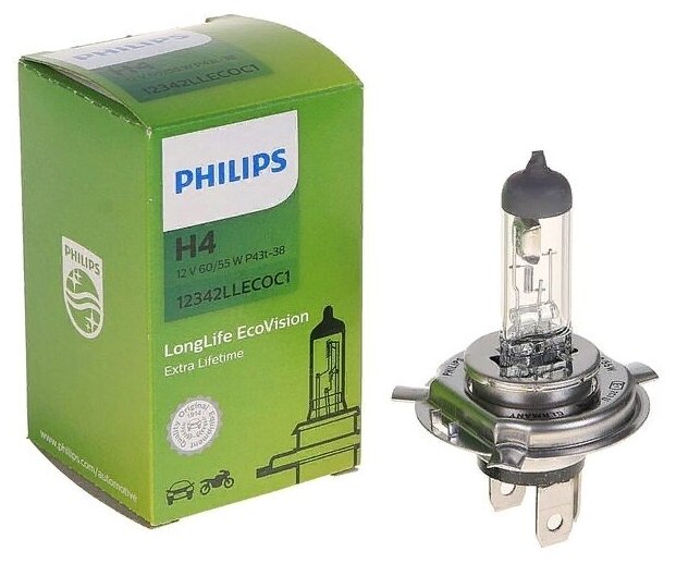 Лампа автомобильная галогенная Philips LongLife EcoVision 12342LLECOC1 H4 60/55W P43t