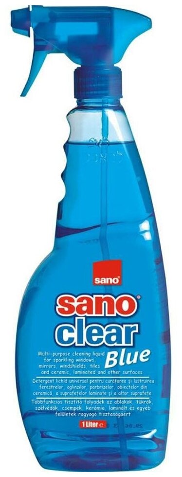 SANO Sanoclear Blue Многофункциональная жидкость для чистки стекл, зеркал, керамики, ламинированных и других поверхностей 1000 мл с распылителем