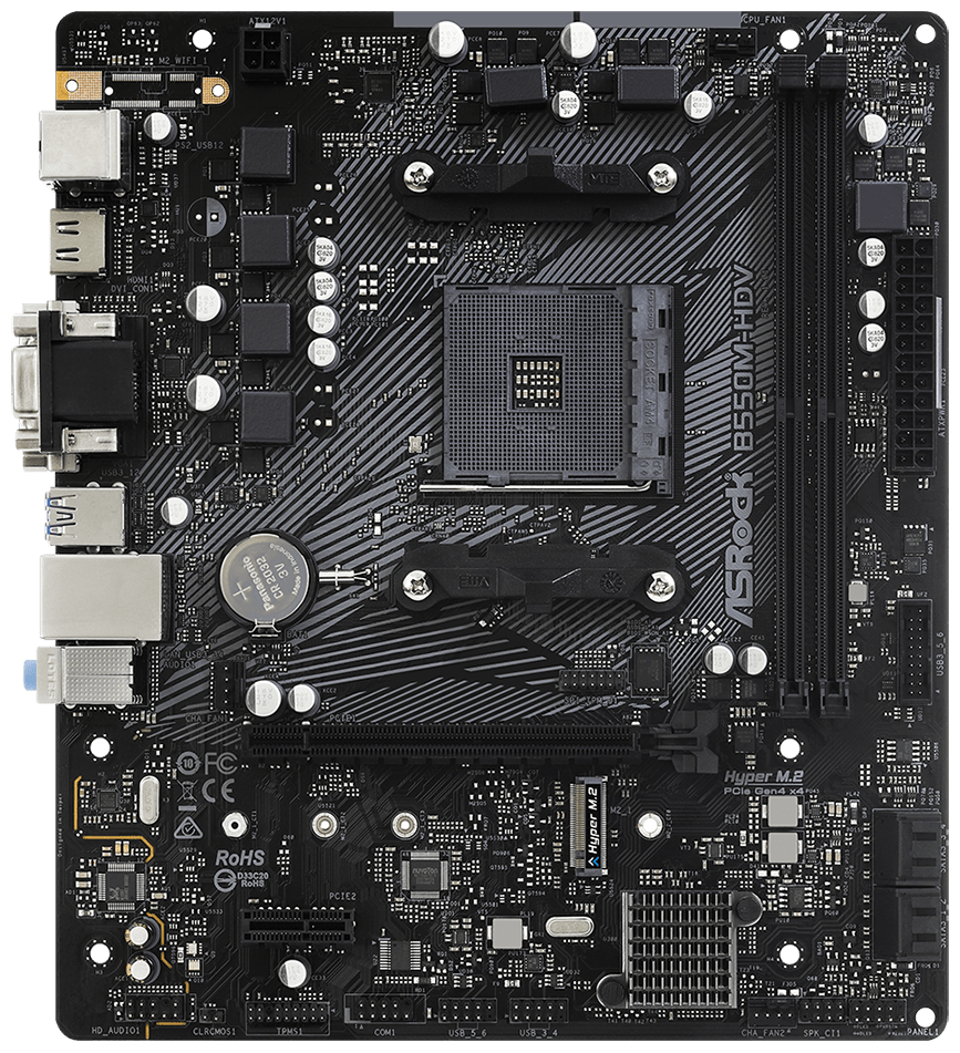 Материнская плата mATX ASRock B550M-HDV (AM4, AMD B550, 2*DDR4(4733+), 4*SATA 6G RAID, M.2, 2*PCIE, 7.1CH, Glan, 6*USB 3.2, D-SUB/DVI-D/HDMI) RTL