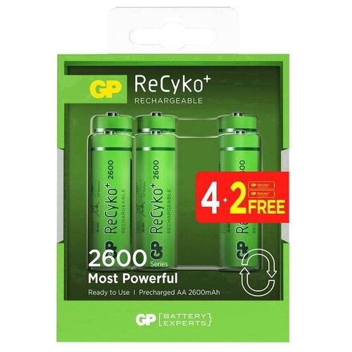 Аккумулятор Ni-Mh 2600 мА·ч 1.2 В GP AA ReCyko+ 2600, в упаковке: 6 шт. аккумуляторная батарейка gp аа hr6 2700 мач 6 шт gp270aahc4 2fr 2cr6