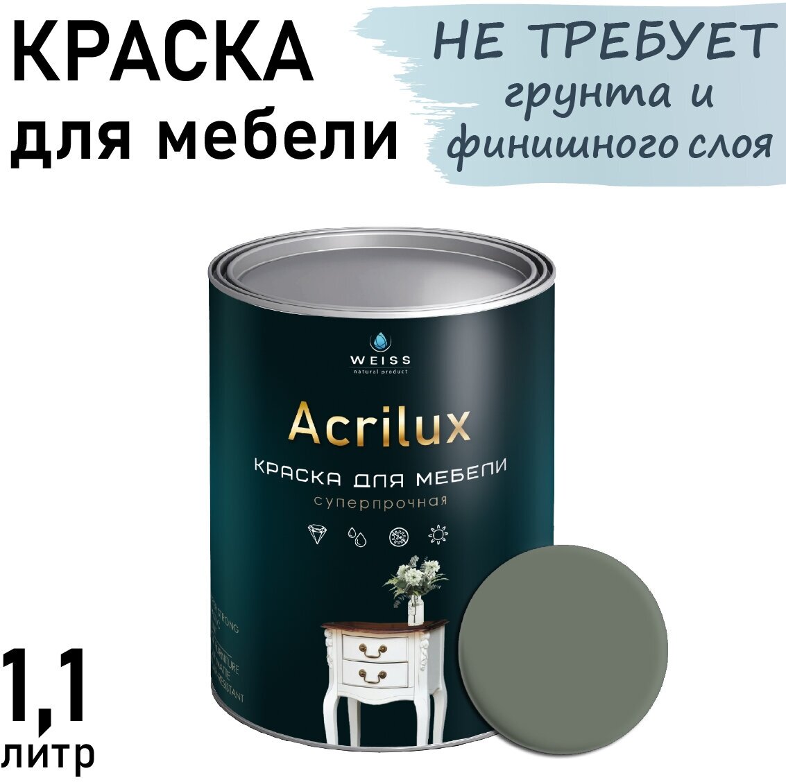 Краска Acrilux для мебели 1.1л RAL 7033, для кухонных фасадов, для декора, для творчества, моющаяся. без запаха