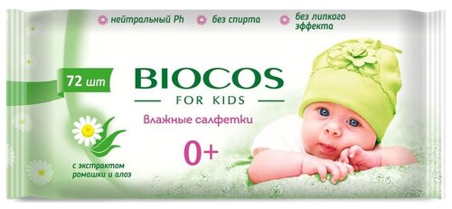 Влажные салфетки BioCos Для детей с экстрактами ромашки и алоэ, липучка, 72 шт.