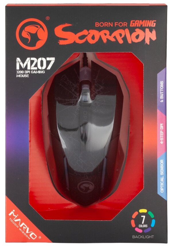 Мышь игровая проводная MARVO M207, 6 кн, 800-3200dpi, USB, чёрный