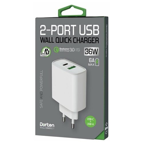 фото Сетевое зарядное usb устройство dorten 2-port usb 36w wall quick charger pd3.0+qc3.0 белый