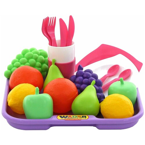фото Набор продуктов с посудой полесье №2 с подносом 46970 сиреневый/розовый/белый/зеленый