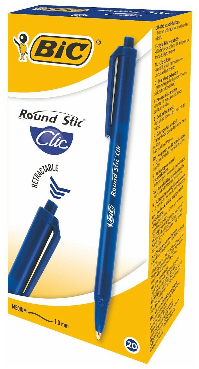 Ручка шариковая автоматическая Bic "Round Stic Clic" синяя, 1,0мм, 20 штук в упаковке