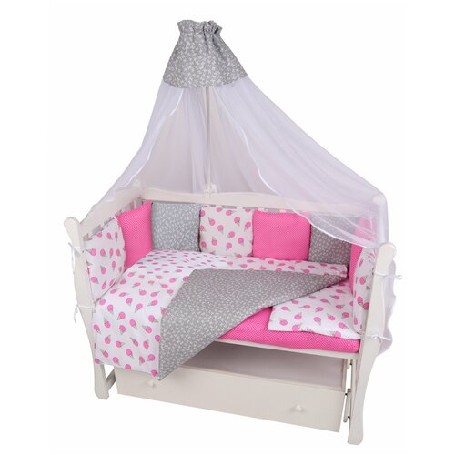 фото Комплект в кроватку 19 предметов (7+12 подушек-бортиков) amarobaby sweet (малиновый/белый, бязь)