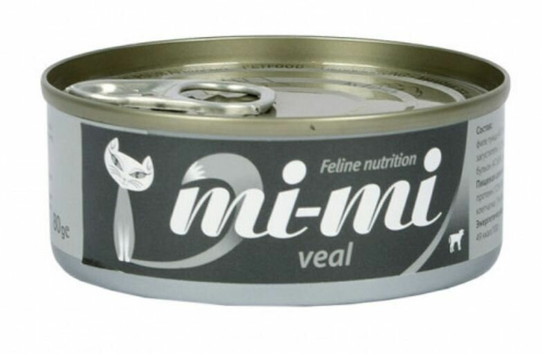 Корм консервированный влажный премиум-класса для кошек и котят Mi-Mi (телятина), 6 штук по 80 гр
