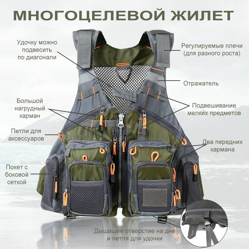 Рыболовный спасательный жилет / жилет двойного назначения, включая съемный плавучий материал / армейский зеленый — фото 1