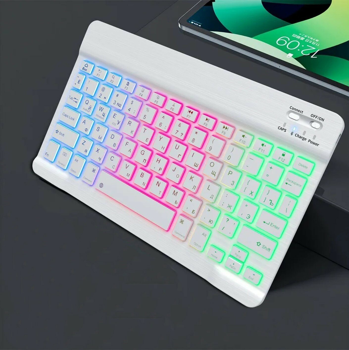 Беспроводная клавиатура с rgb подсветкой для телефона и планшета с bluetooth для Android/IOS/Windows белая