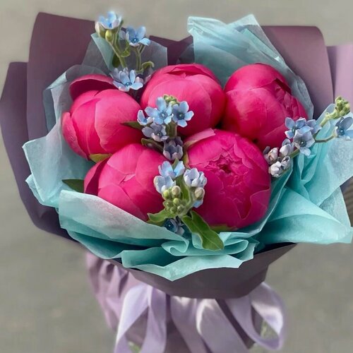 Изображение товара Букет из коралловых пионов 5 шт и оксипеталума, красивый букет цветов, шикарный, премиум цветы, премиум букет