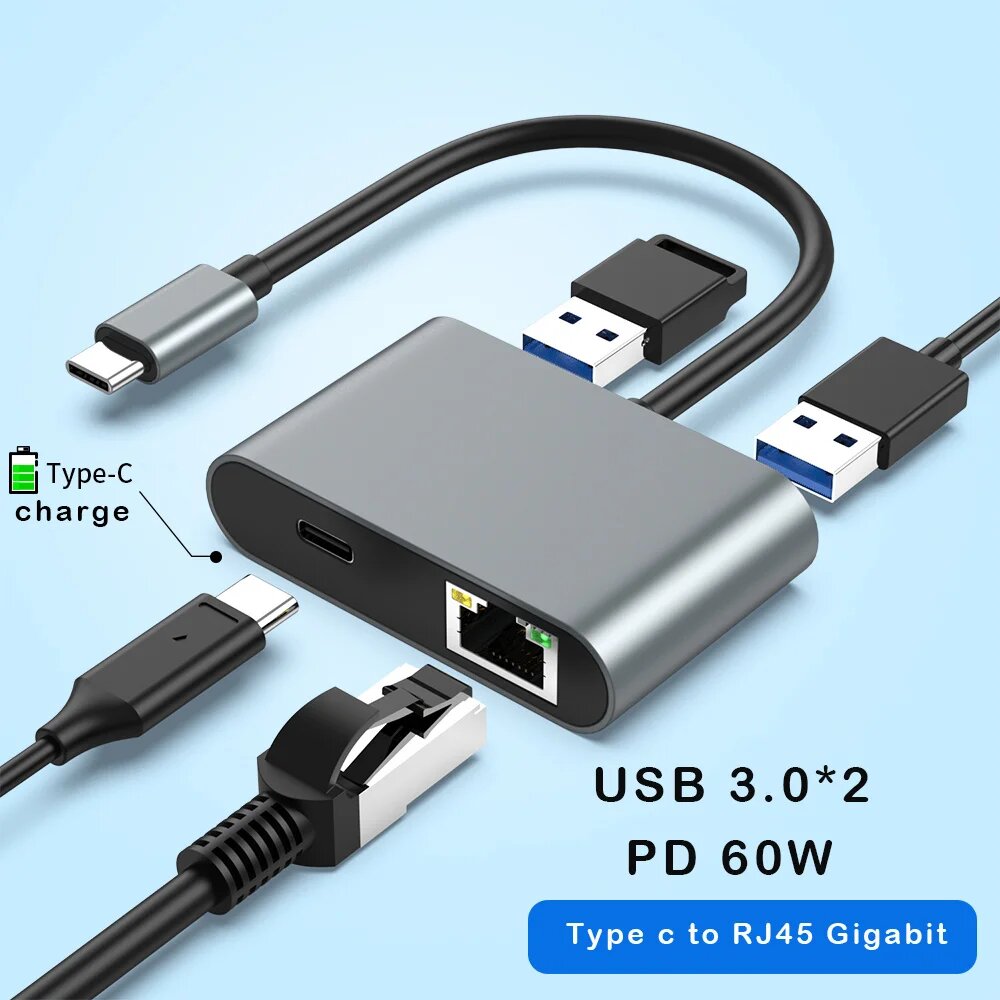 ICANING Адаптер USB C к Ethernet 1000 Мбит/с 60 Вт — фото 1