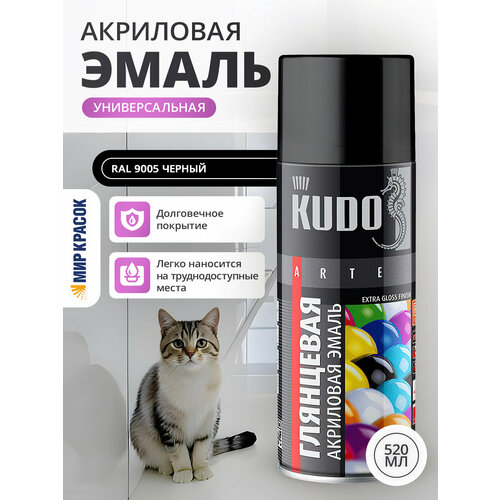 фото Kudo эмаль акриловая универсальная быстросохнущая высокоглянцевая ral 9005 чёрная аэрозоль 520 мл