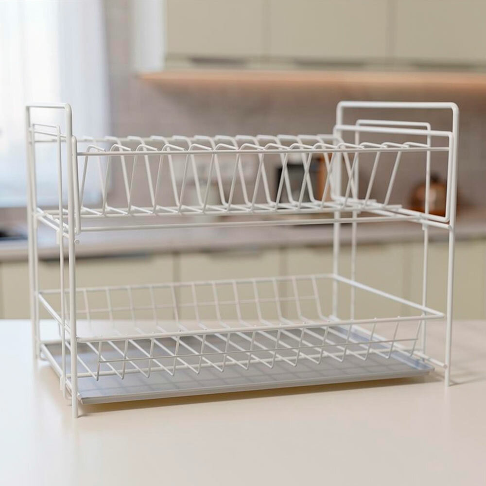Сушилка для посуды 2-ярусная разборная с поддоном, 390х236х300 мм, белая, металлическая