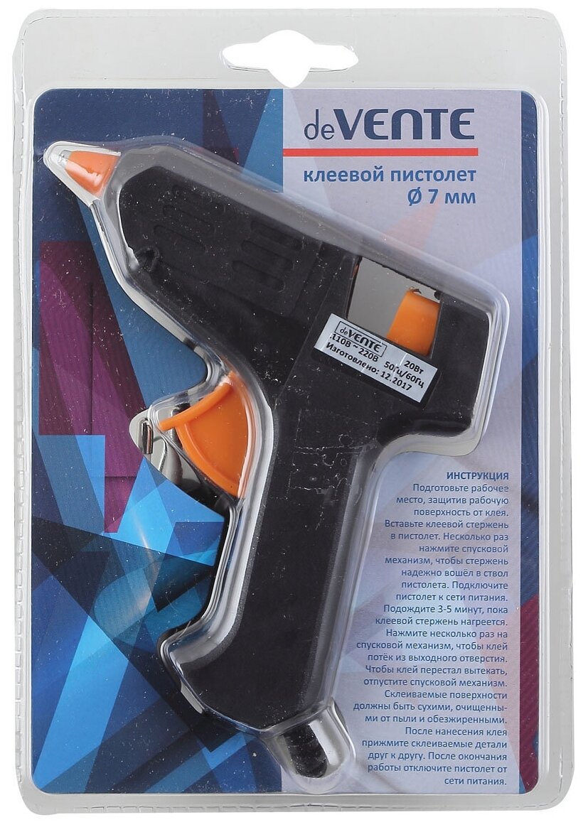 deVente Пистолет клеевой для стержня диаметром 7мм питание 20Вт +2 дополнительнх стержня в блистере D