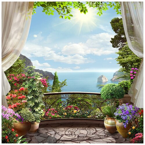 Фотообои Уютная стена Солнечный балкон с видом на море 270х270 см Виниловые Бесшовные (единым полотном)