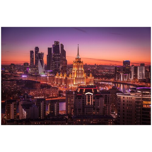 Фотообои Уютная стена Ночной пейзаж Москвы 410х270 см Виниловые Бесшовные (единым полотном)