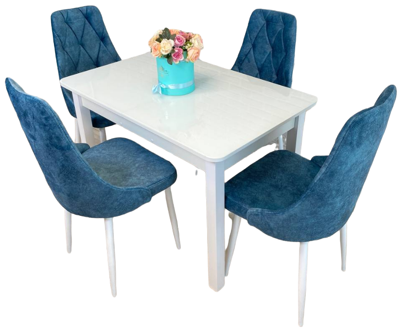 Обеденная группа стол и стулья для кухни NGVK Мега Белый стекло и 4 стула Кресло цвет Синий