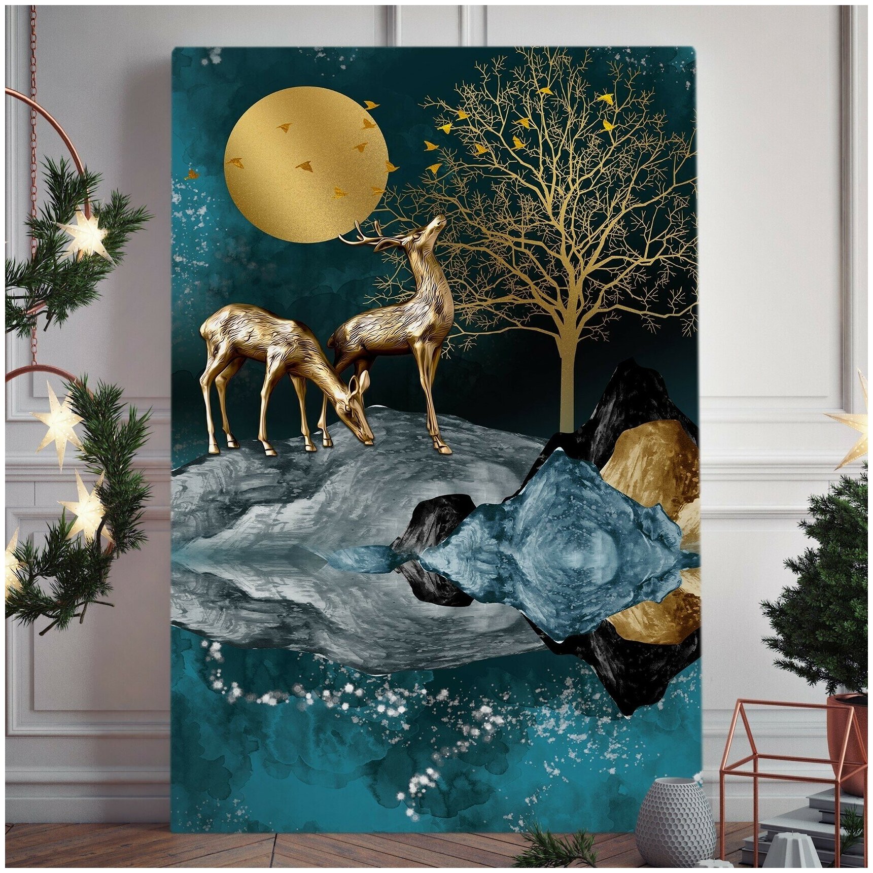 Интерьерная картина "Лунная пара" на натуральном хлопковом холсте, большая, размер 30 на 45/ 30х45 см