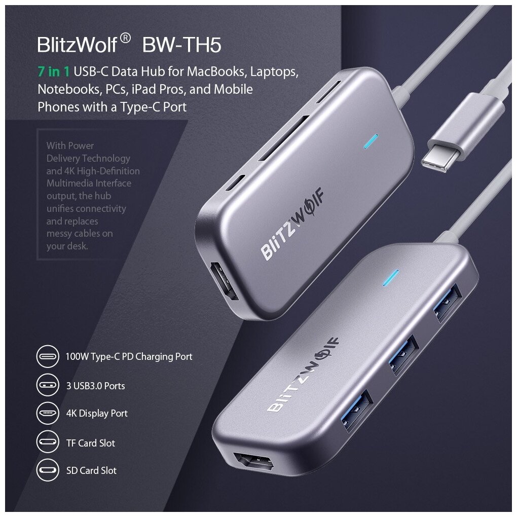 Хаб BlitzWolf BW-TH5 7 in 1 USB-C Data Hub with 3-Port USB 3.0 TF Card Reader, HDMI, USB-C PD Charging Silver