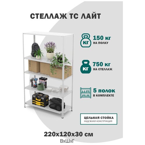 Стеллаж металлический с полками для хранения продуктов, для магазина, для склада ТС Лайт размер 2200х1200х300, перфорированные 5 полок