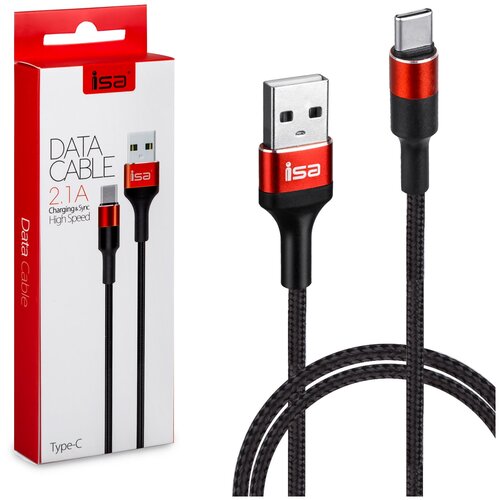 Кабель USB Type-C 1.2m 2.1A Nylon+Metal ISA черный с красным